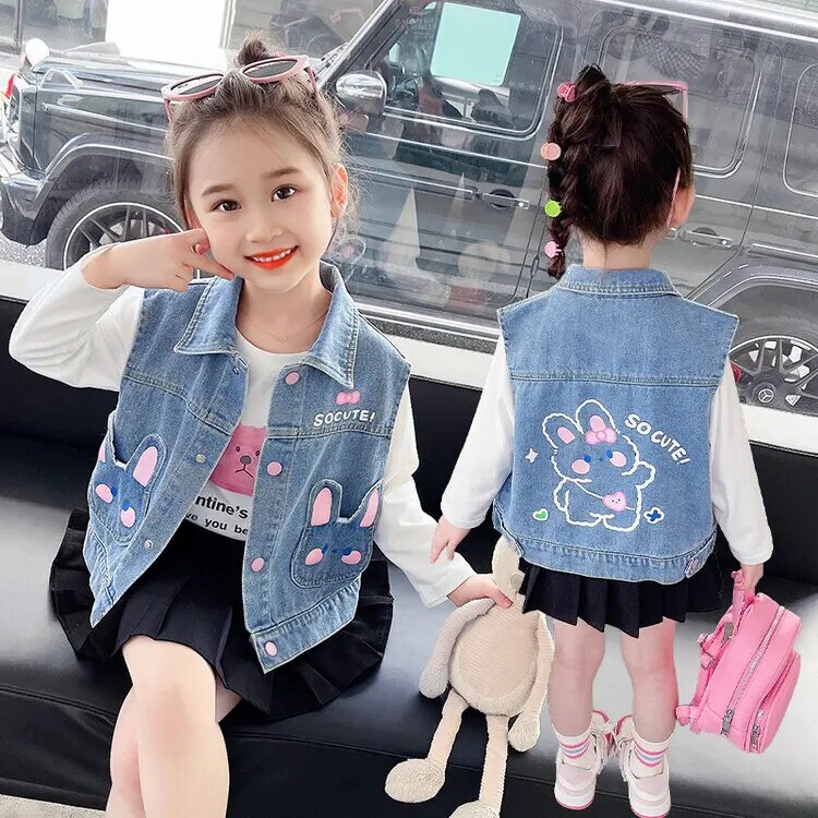 女童牛仔马甲小童款小兔子儿童洋气秋季宝宝外穿背心韩版马夹外套