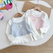 女童秋装 碎花蕾丝花边T恤吊带两件套儿童百搭休闲洋气上衣女宝潮t