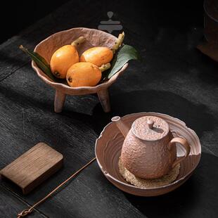 粗陶茶点盘壶承茶托壶托三足果盘家用复古手工陶瓷干泡盘点心托盘