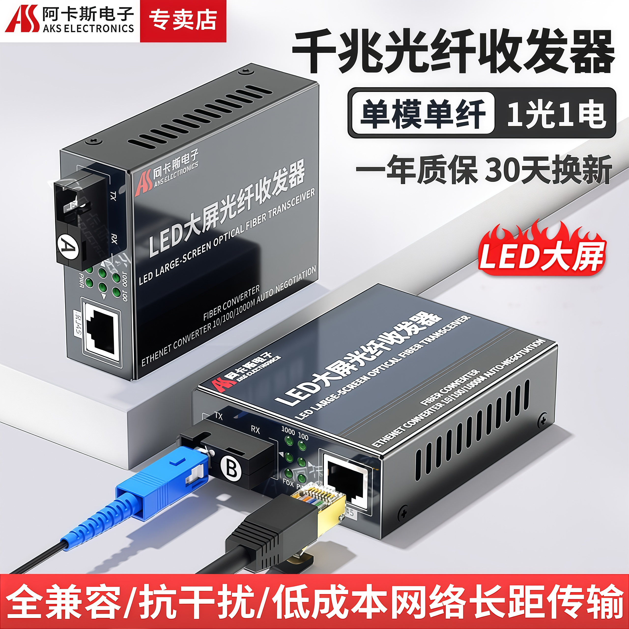 阿卡斯 千兆LED大屏专用光纤收发器显示彩屏用单模单纤双纤光电转换器支持LED通用收发器5V供电