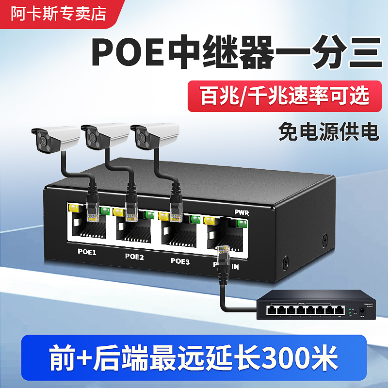 阿卡斯 标准poe中继器一分二一分三poe交换机网络AP网线延长器48V供电串联监控摄像头室内外联宝