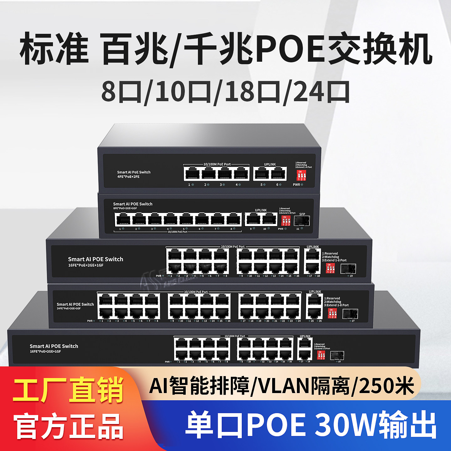 阿卡斯 千兆标准POE交换机百兆4口8口16口24口监控网络摄像头专用上行SFP光纤模块48V供电智能交换机,网络设备/网络相关,交换机,淘宝优惠券,粉丝福利购,淘宝优惠卷