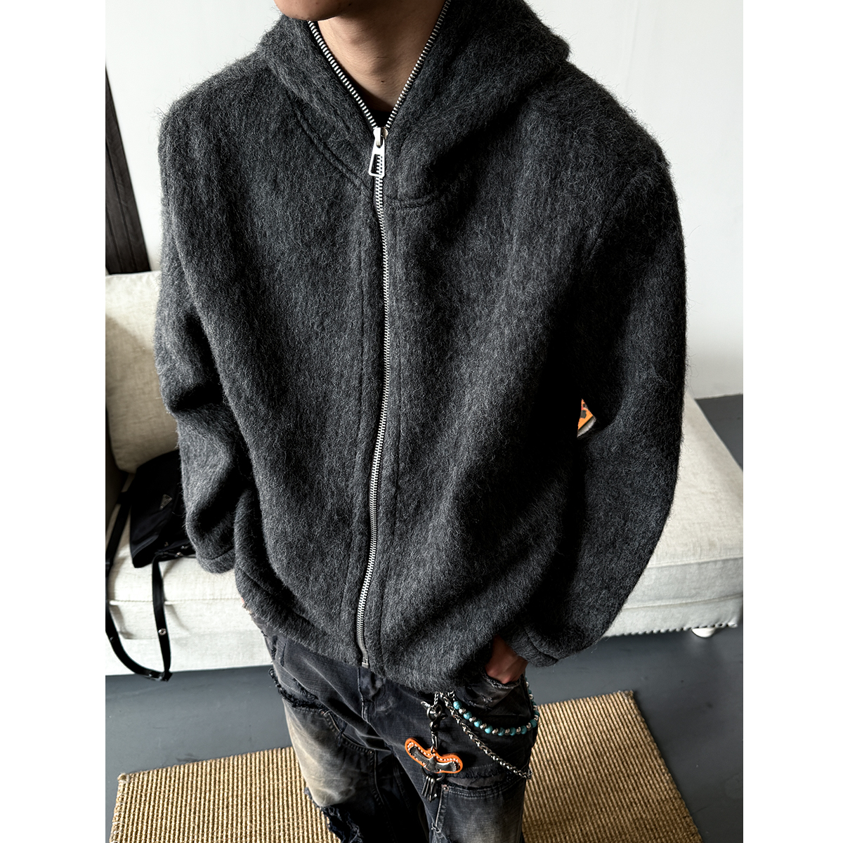 羊毛连帽全拉链马海毛开衫外套