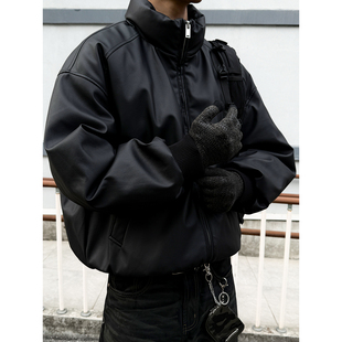 MANCHER 黑色机车服潮 超纤蛋白软皮90白鸭绒立领皮衣羽绒服男冬季