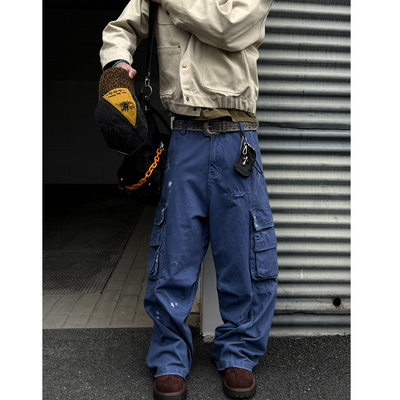 大口袋贴布刺绣法工蓝阔腿工装裤