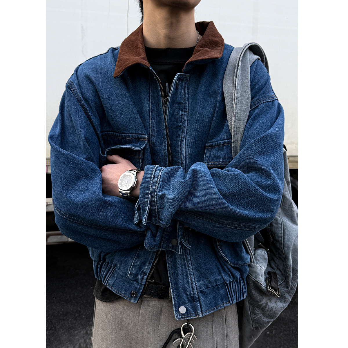 美式翻毛领工装口袋牛仔夹克男