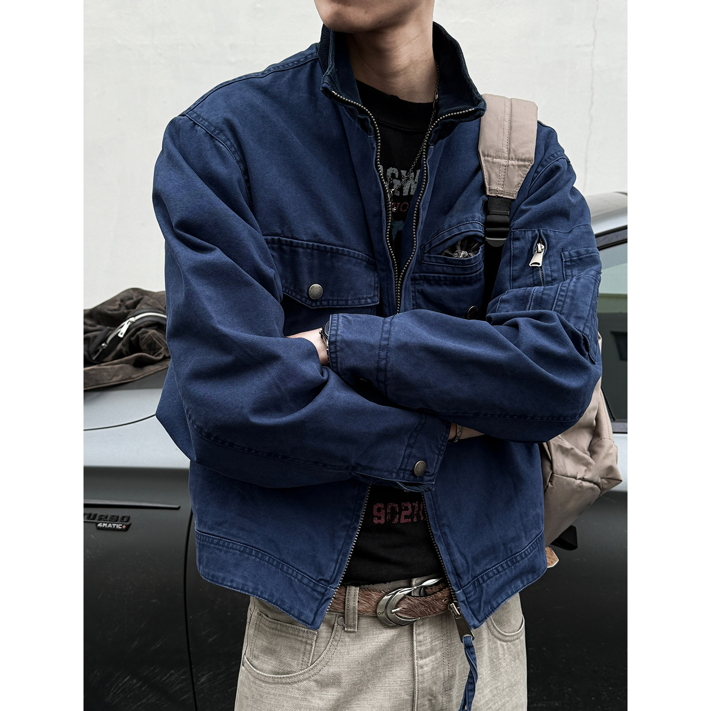 MANCHER 380克单股珠帆法工蓝立领工装外套男Vintage水洗质感夹克