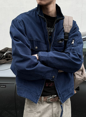单股珠帆法工蓝立领工装外套
