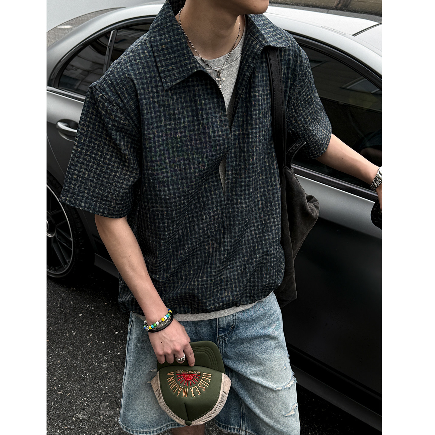 垂顺泡泡纱假两件短袖衬衫男