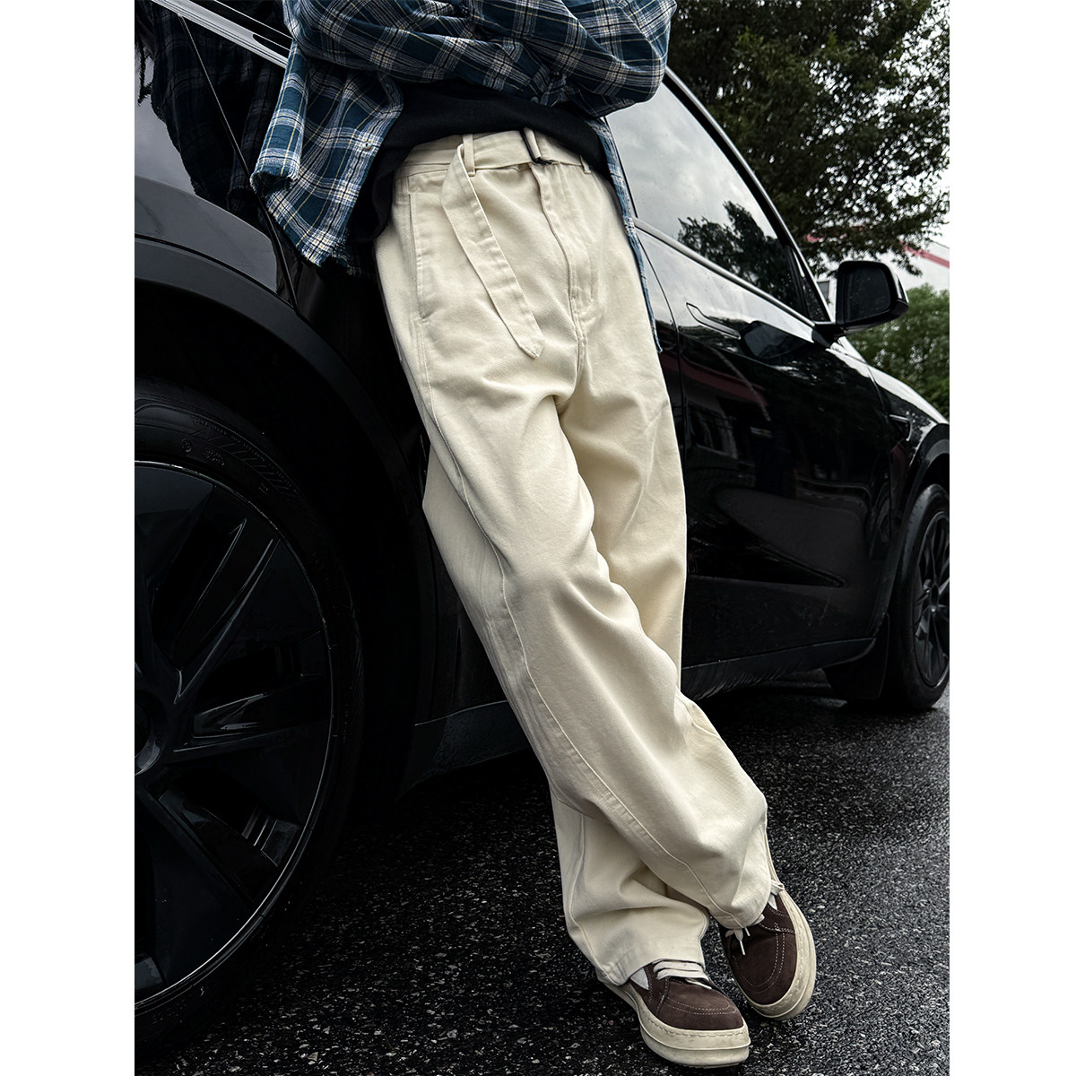 重磅水洗可调节裤腰弯刀工装裤