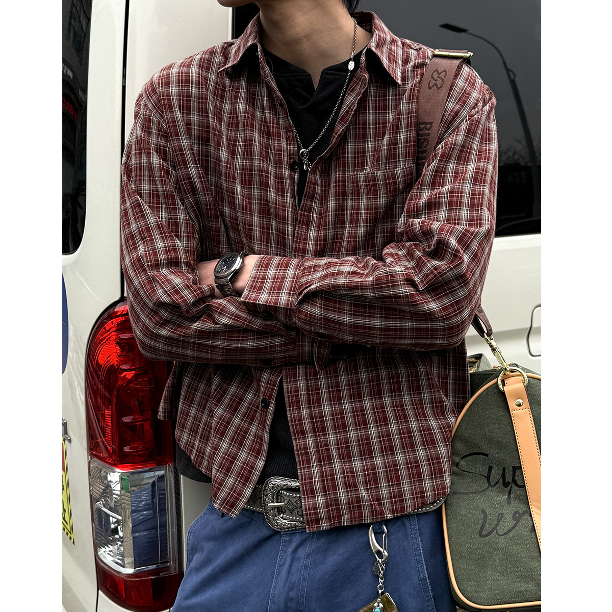 红色格子衬衫男纯棉翻领衬衣