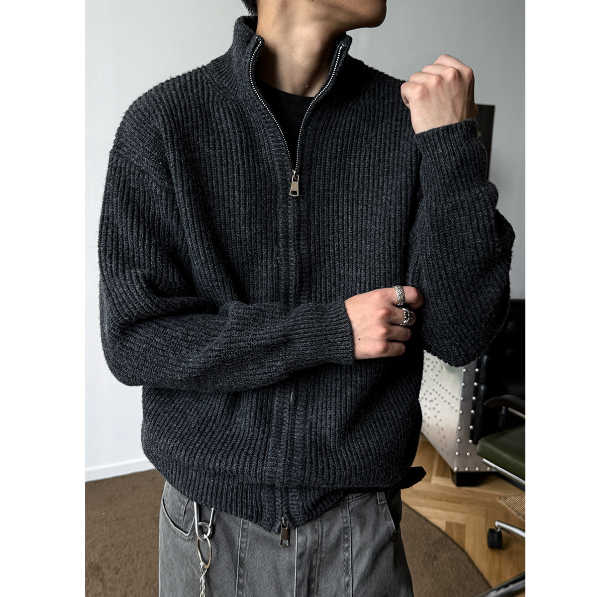 MANCHER 900G重磅坑条肌理感双拉链立领开衫毛衣男秋冬针织外套潮,男装,针织衫/毛衣,淘宝优惠券,粉丝福利购,淘宝优惠卷