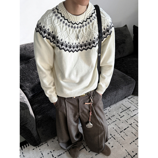 MANCHER 重磅800g费尔岛绞花毛衣男女慵懒风宽松圆领针织衫外套潮