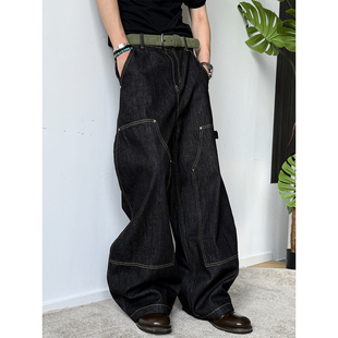 MANCHER 13盎司固色工艺未脱浆原牛双膝牛仔裤男A字阔腿哈伦长裤