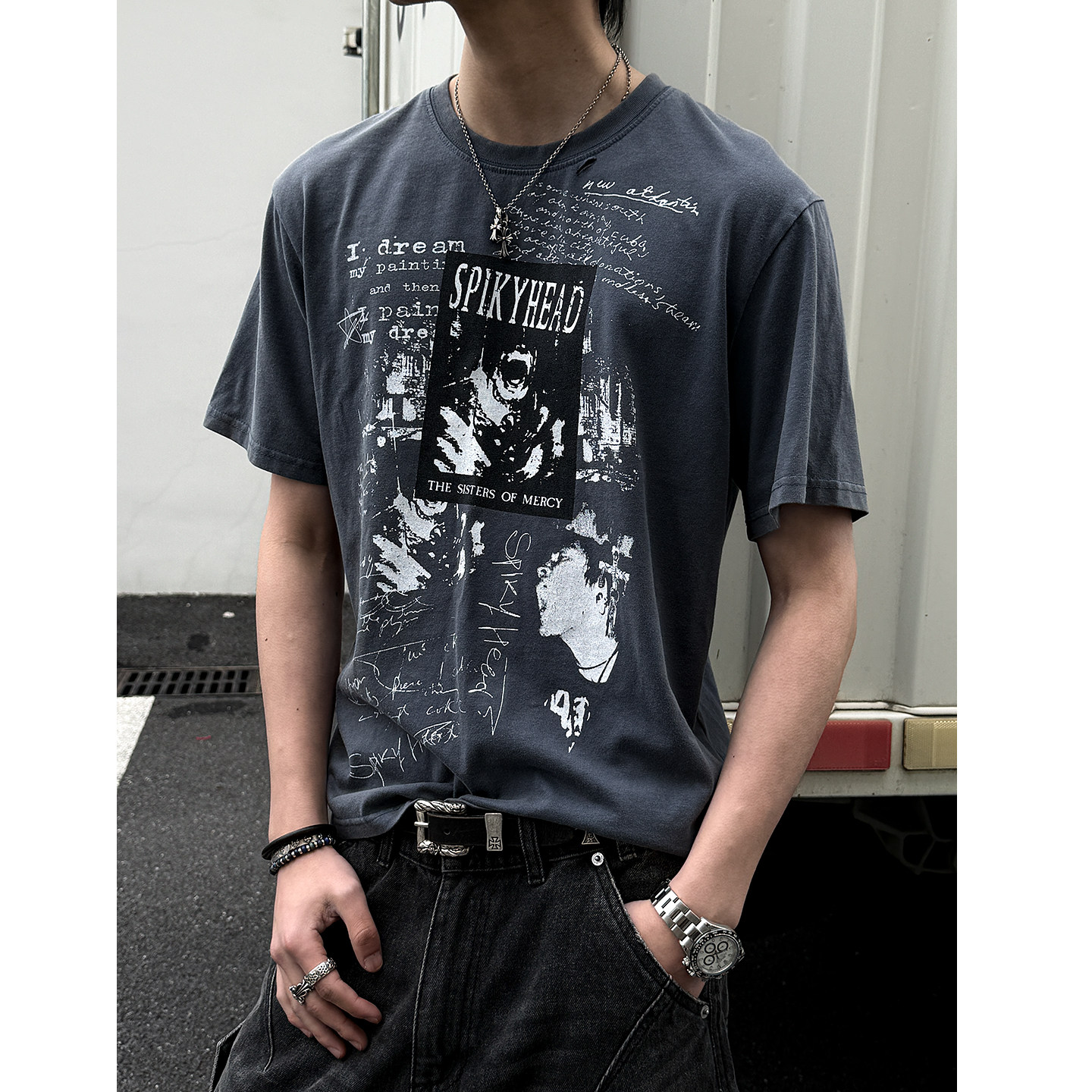 255G纯棉水洗印花短袖男