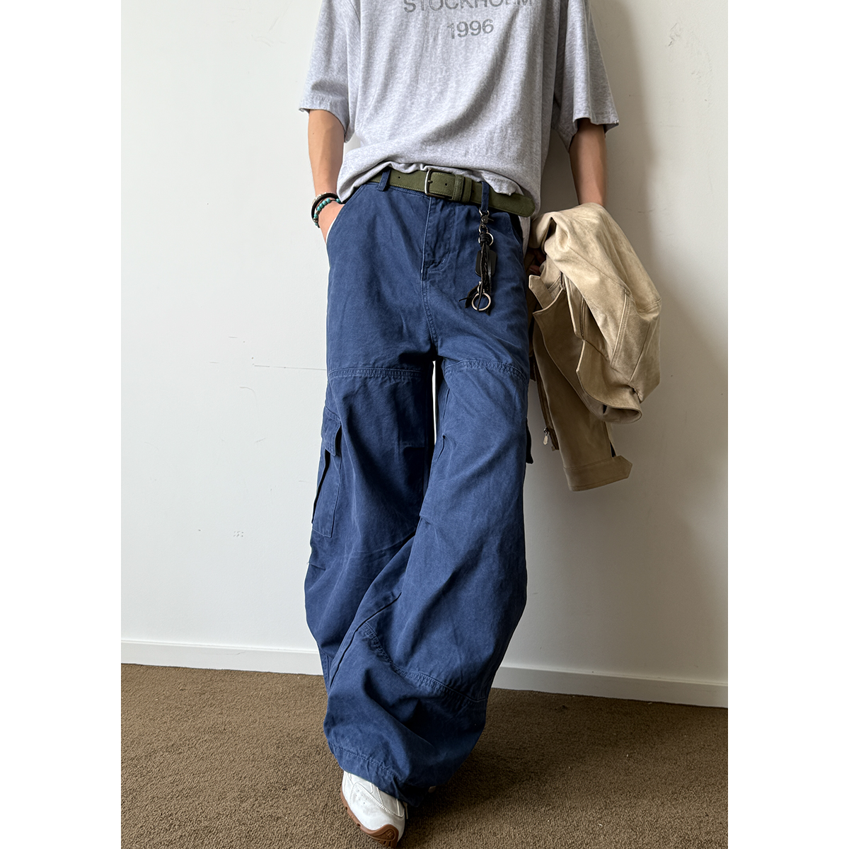 美式复古多口袋法工蓝弯刀工装裤