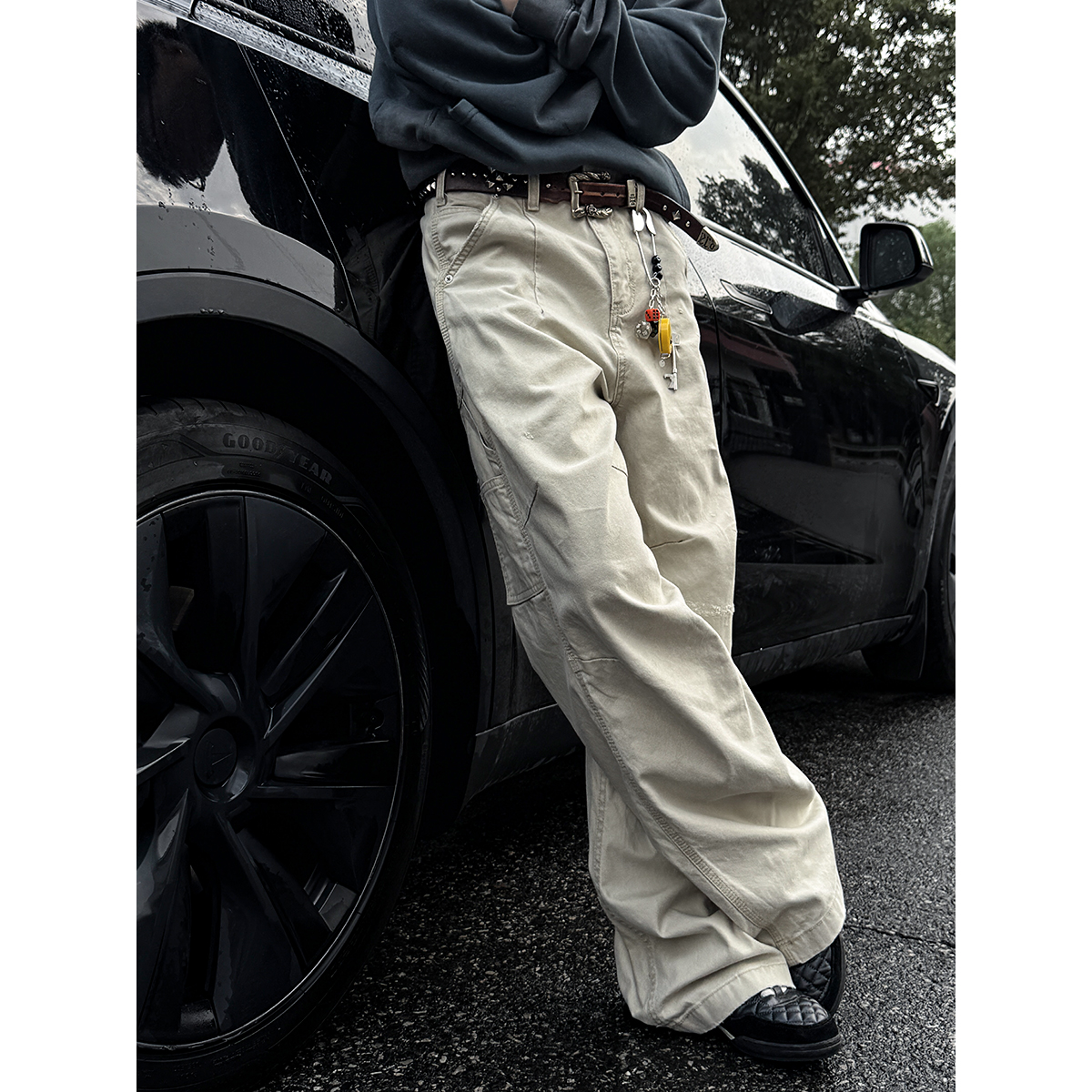 重工酵洗做旧双膝磨破伐木裤男