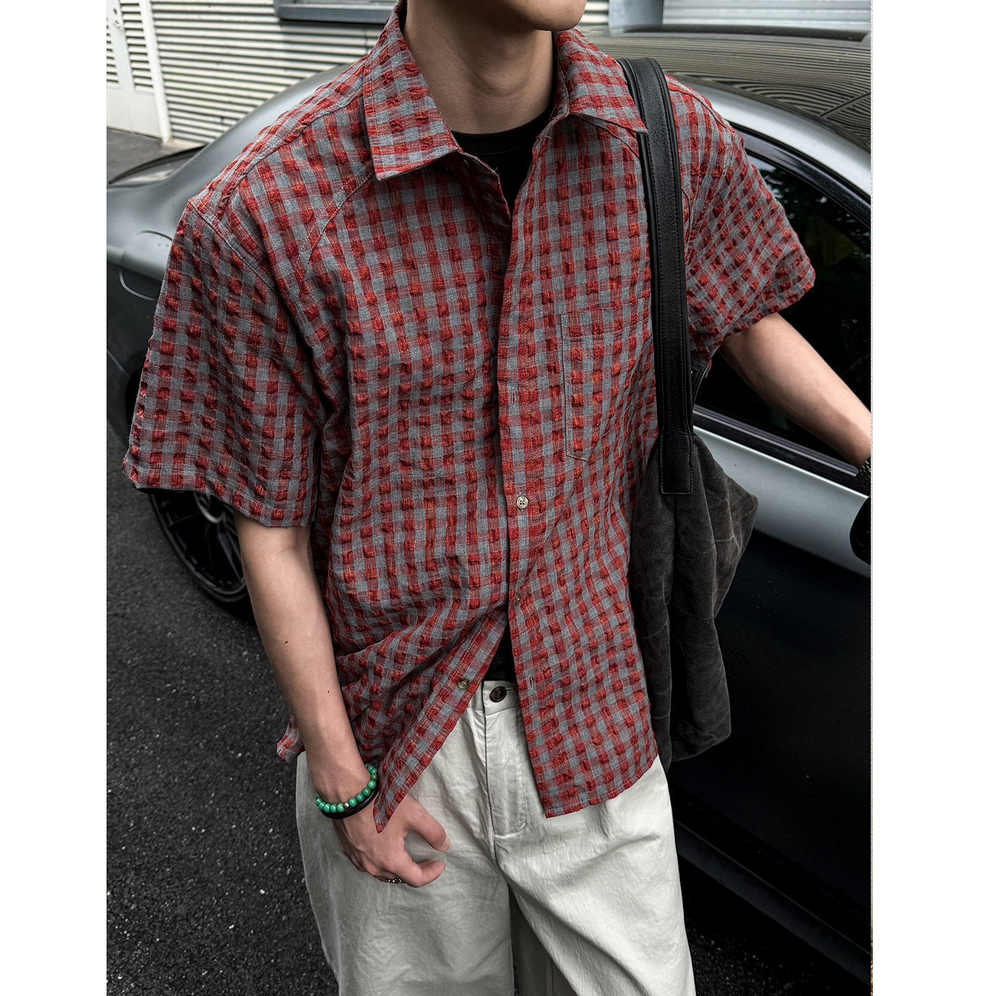 肌理感泡泡纱格子短袖衬衫男