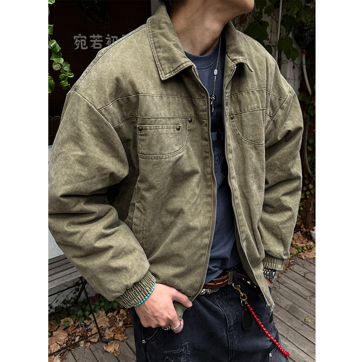 美式复古水洗做旧翻领工装棉服男