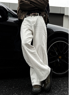 MANCHER 26SS立体压褶毛须白色阔腿弯刀牛仔裤男baggy宽松长裤潮