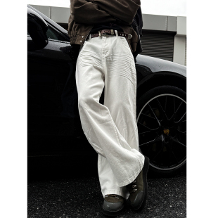 潮 男baggy宽松长裤 MANCHER 26SS立体压褶毛须白色阔腿弯刀牛仔裤