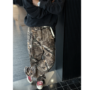 男宽松vintage直筒长裤 MANCHER 裤 复古水洗做旧树枝迷彩工装 美式