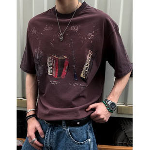 MANCHER 律动的音符 喷马骝水洗做旧印花短袖男vintage纯棉T恤潮