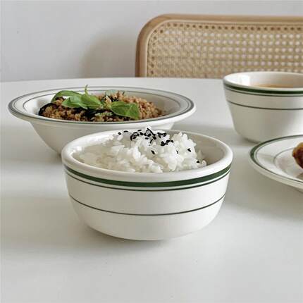 On the table - 绿线条系列釉下彩陶瓷小碗  家用米饭碗 4.3寸