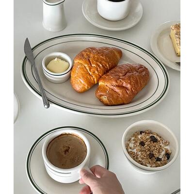 On the table -绿线条系列椭圆形釉下彩陶瓷餐盘 美式西餐盘 鱼盘