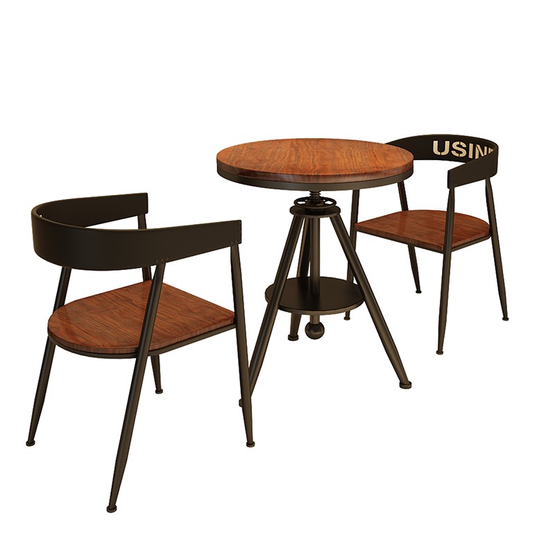 工业风铁艺实木餐桌椅组合咖啡厅奶茶店清吧酒吧可升降小圆桌1017