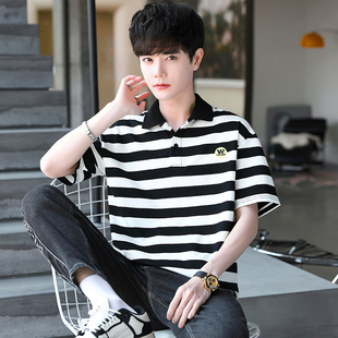 初中生polo衫男大童纯棉翻领条纹高中生短袖t恤男生潮流有领上衣T