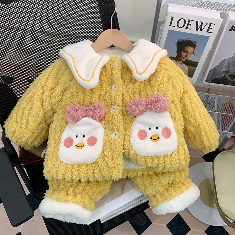 女童睡衣冬季加厚款保暖儿童三层夹棉珊瑚绒宝宝法兰绒家居服套装