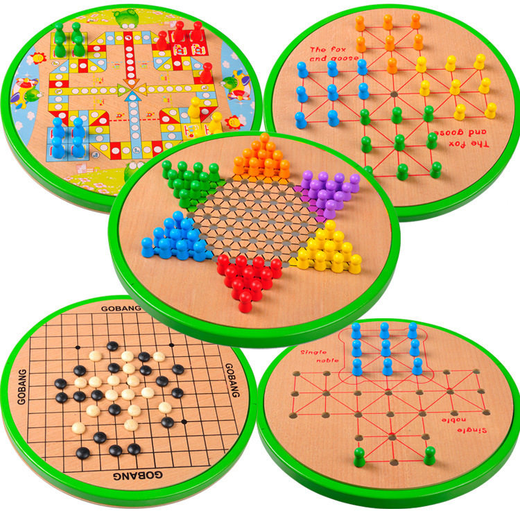 幼得乐五合一跳棋飞行棋多合一棋类儿童木质益智五子棋亲子玩具
