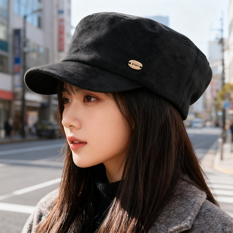 日系鹿皮绒平顶帽子女2025新款