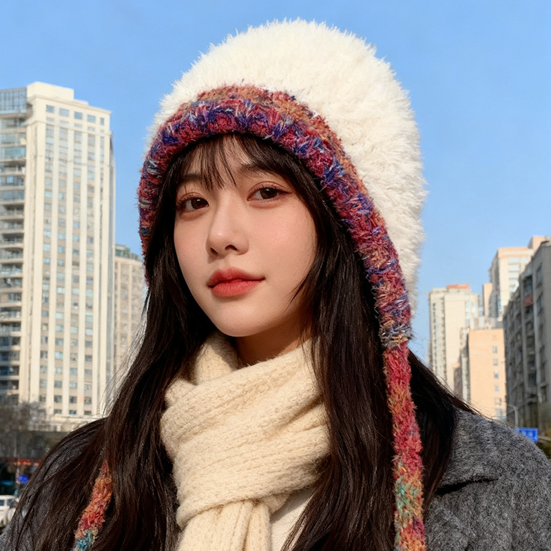 韩版流苏毛绒帽子女秋冬拼色护耳