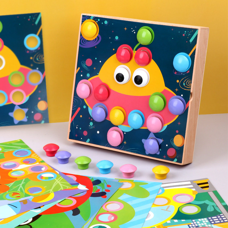 儿童益智木质大颗粒蘑菇钉拼图宝宝早教创意智力开发玩具