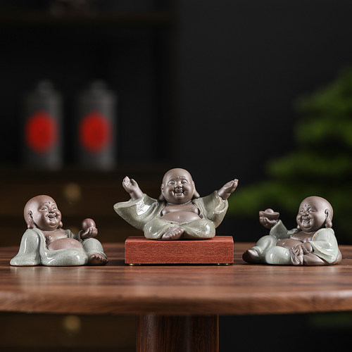 哥窑招财弥勒佛桌面摆件茶宠功夫茶摆件手工可养禅意茶玩茶台装饰