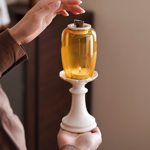 中式古风禅意氛围灯香托玻璃烛台陶瓷香薰炉精油灯蜡烛底座摆件