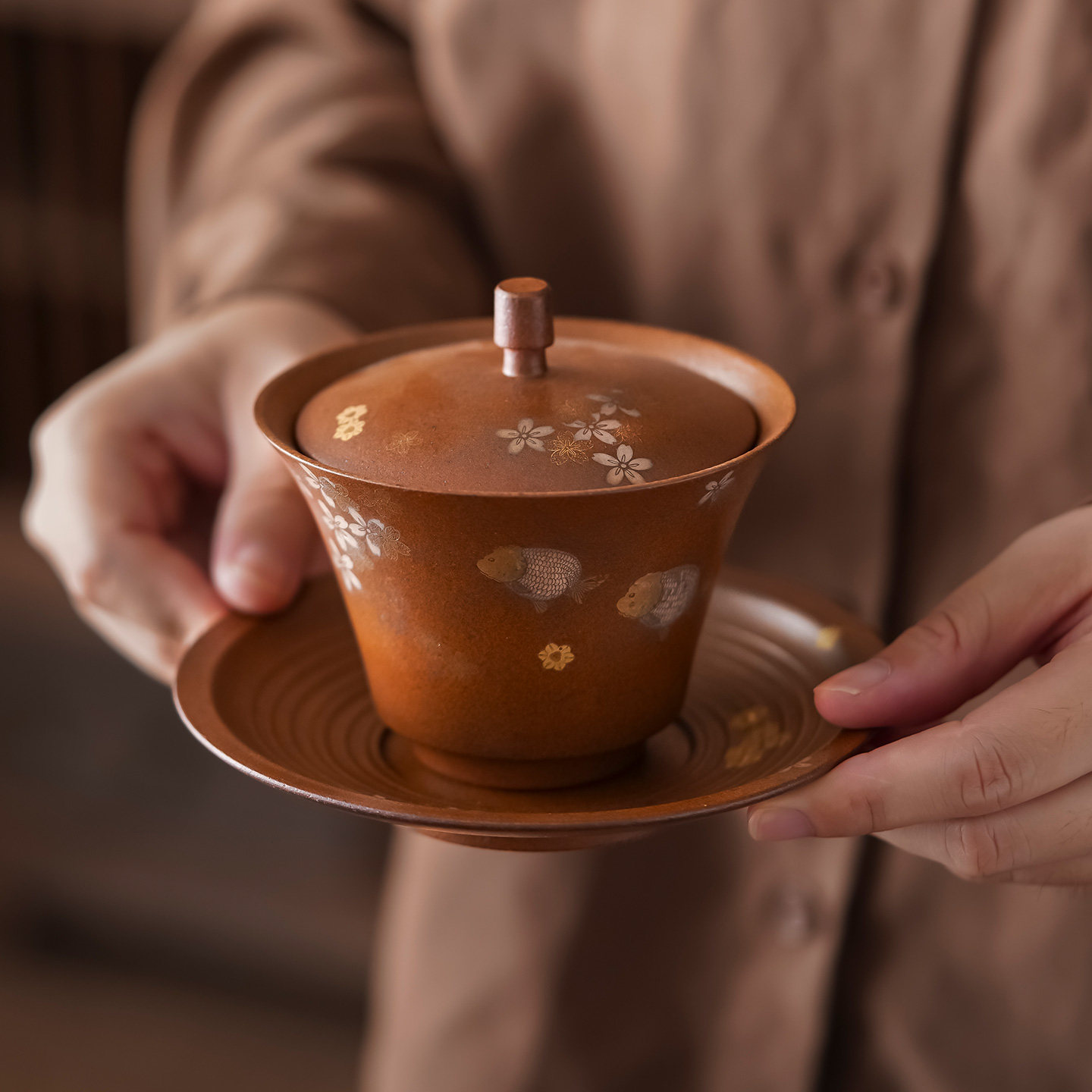 老岩泥二才盖碗茶杯高档陶瓷不烫手泡茶器功夫茶具复古粗陶手抓壶