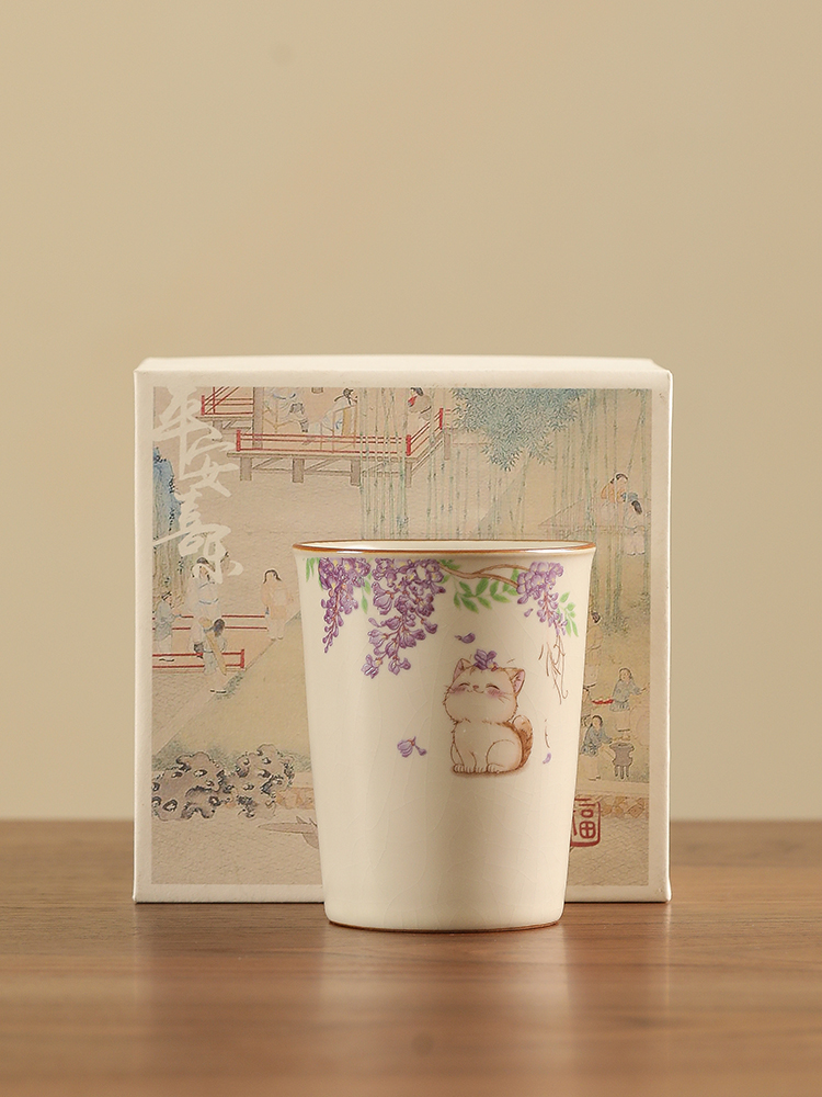 米黄汝窑茶杯主人杯陶瓷可乐杯饮料杯子个人杯大容量办公泡茶水杯