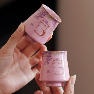 粉汝窑紫藤猫茶杯子主人杯单杯女开片可养品茗杯单个茶杯功夫茶具