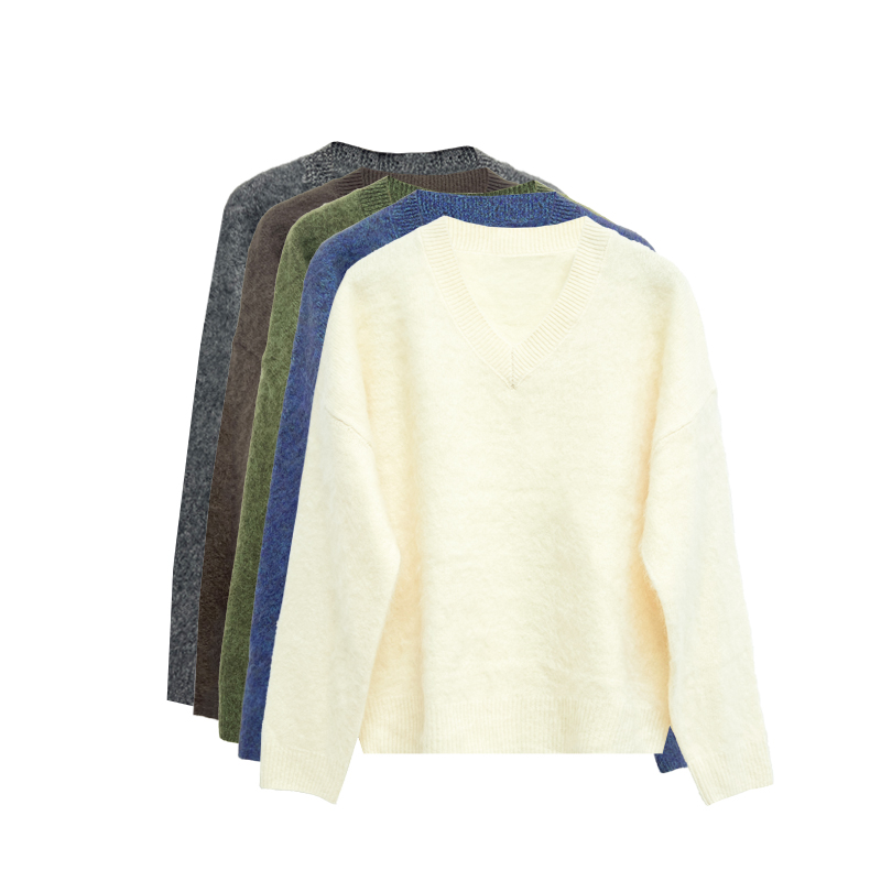 【橙庐】510828慵懒风拉绒V领绵羊毛山羊绒针织衫 秋冬女时尚百搭