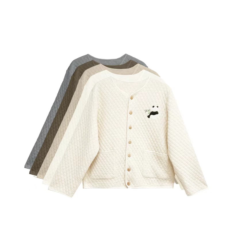 原创熊猫刺绣菱形格空气绗棉外套