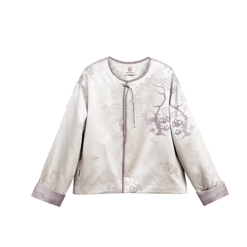 【橙庐】518100原创新中式松鹿提花丝毛夹毛棉服 秋冬女国风外套