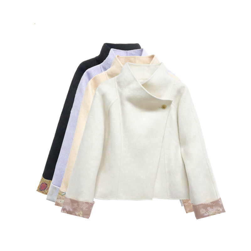 【橙庐】514200原创新中式绵羊毛一粒扣斜襟拼袖毛呢外套 女大衣