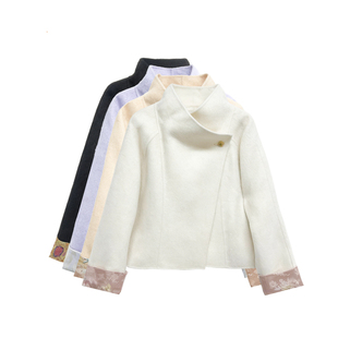 毛呢外套 绵羊毛一粒扣斜襟拼袖 514200原创新中式 女大衣 橙庐