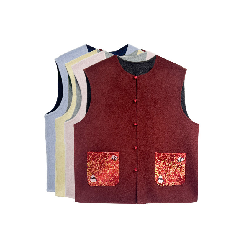 【橙庐】504902原创新中式双面呢拼接熊猫宋锦马甲 秋冬女款国风