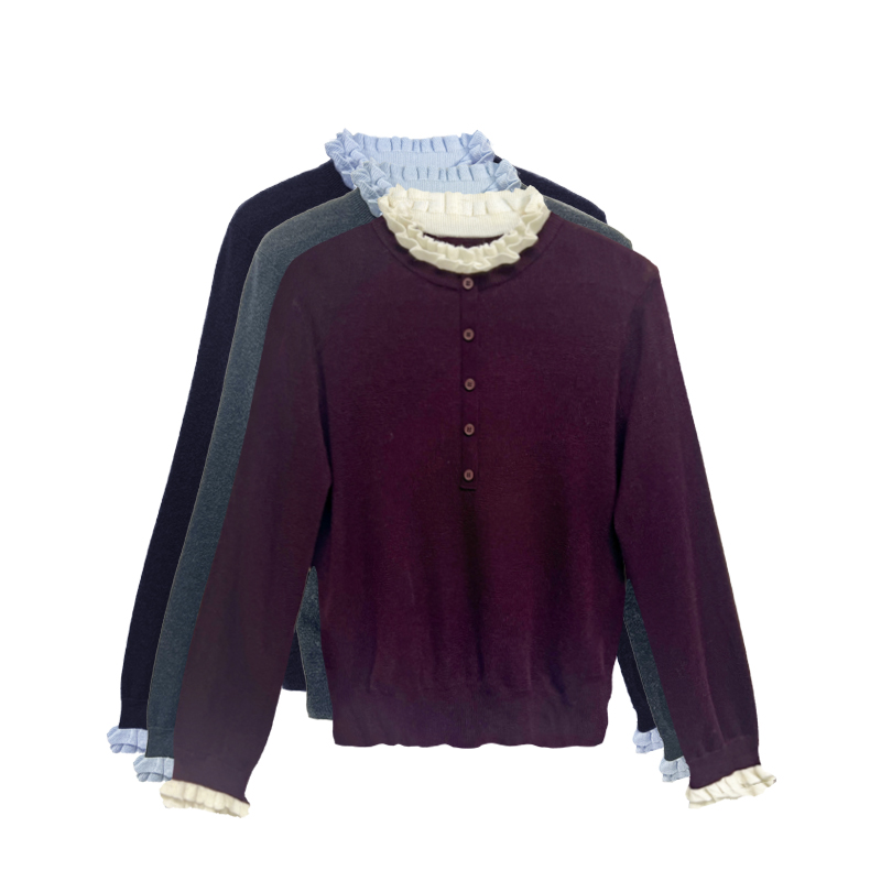 【橙庐】525826木耳边撞色假两件绵羊毛衫 春秋女气质时尚抗起球