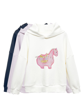 【橙庐】508900原创新中式彩钻三彩萌马空气棉连帽卫衣 春秋国风