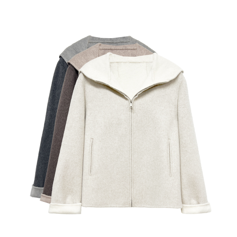 【橙庐】504901绵羊毛天丝山羊绒双面呢连帽拉链外套 春秋女时尚